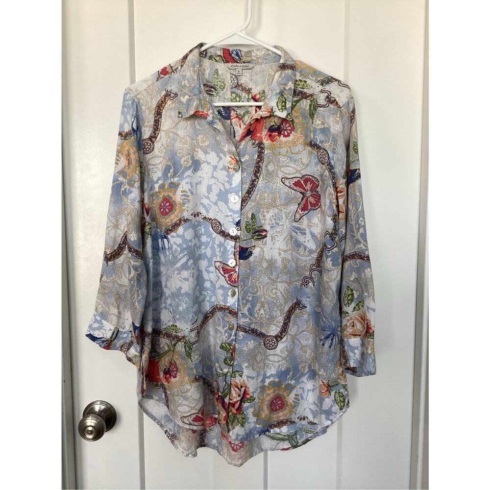 John Mark blue and white linen button up top colorful‎ womens size small